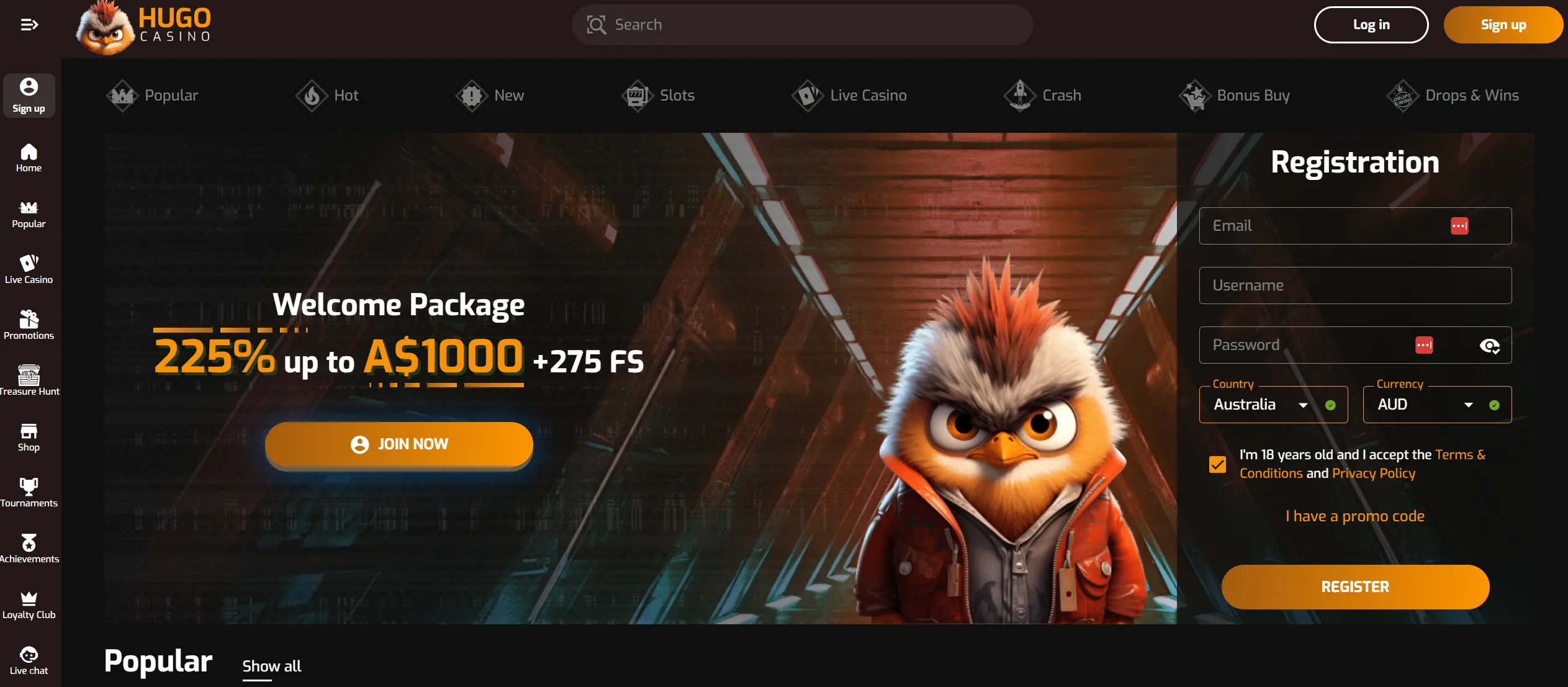 Hugo Casino — Best Real Money Online Casino in Australia for Weekly Cashback screenshot